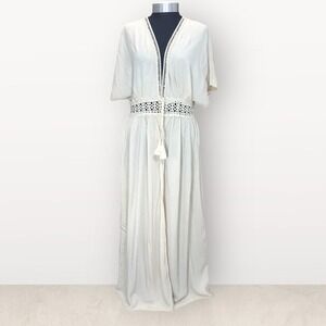 Lavender Field White Boho Duster Tie Front Cardigan Tasseled Crochet Accent Sz L